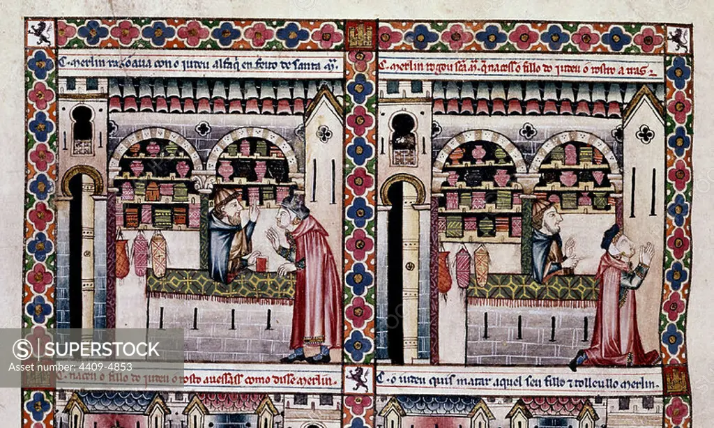 'Merlin debates with a Jewish sage' (detail), MTI1, The Cantigas de Santa Maria, Number 108, F155V, 13th century. Author: Alfonso X of Castile. Location: MONASTERIO-BIBLIOTECA-COLECCION. SAN LORENZO DEL ESCORIAL. MADRID. SPAIN. MERLIN MAGO.