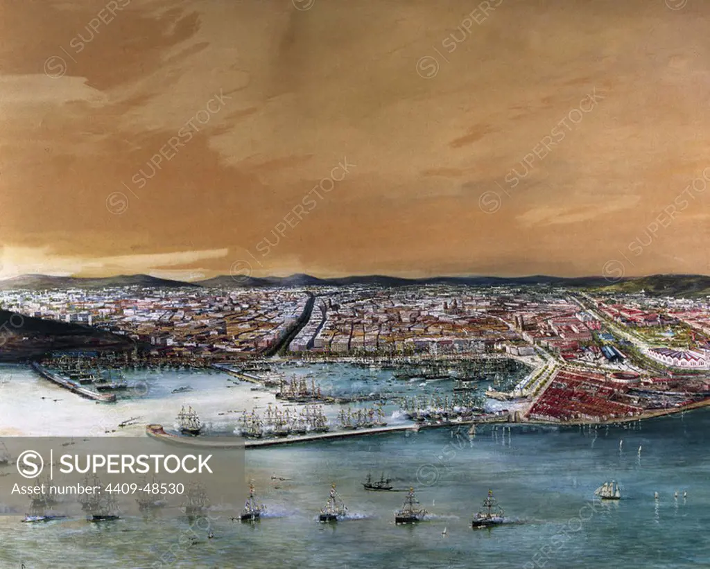 BARCELONA, 1860. Vista aérea de la ciudad según un dibujo de Antoni de P. CAULA. Cataluña.