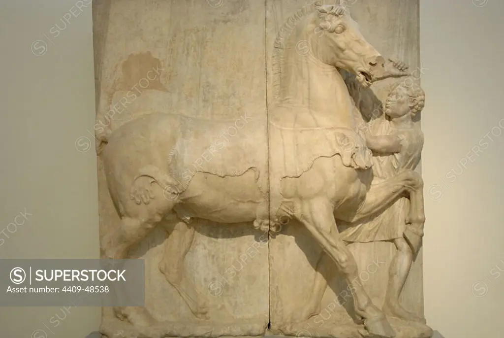 GREEK ART. GREECE. IV B.C. century. Funerary relief in penteli marble representing a man and a horse covered by a panther skin, holding a whip with his right hand and the reins in the left. Dated at the end of IV century B.C. Located near Larisis station (Athens). National Archaeological Museum. Athens.