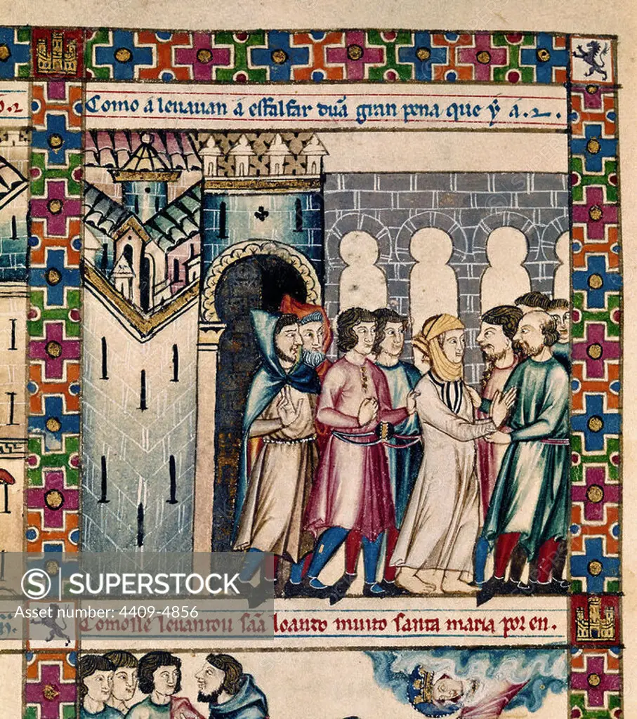 'The Jewish Woman who was Thrown from a Cliff' (detail), MTI1, The Cantigas de Santa Maria, Number 107, F154R, 13th century. Author: Alfonso X of Castile. Location: MONASTERIO-BIBLIOTECA-COLECCION. SAN LORENZO DEL ESCORIAL. MADRID. SPAIN. MARISALTOS LA.