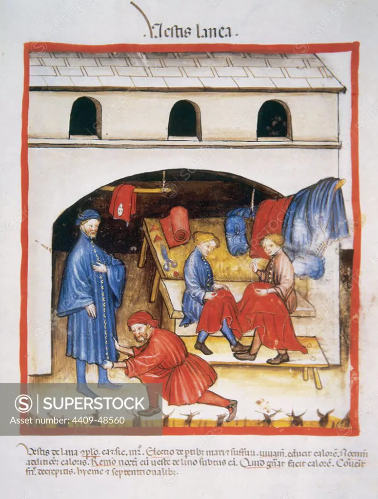 Tacuinum Sanitatis. Medieval Health Handbook, dated before 1400, based on observations of medical order detailing the most important aspects of food, beverages and clothing. Tailor. Miniature. Fol. 105 r.