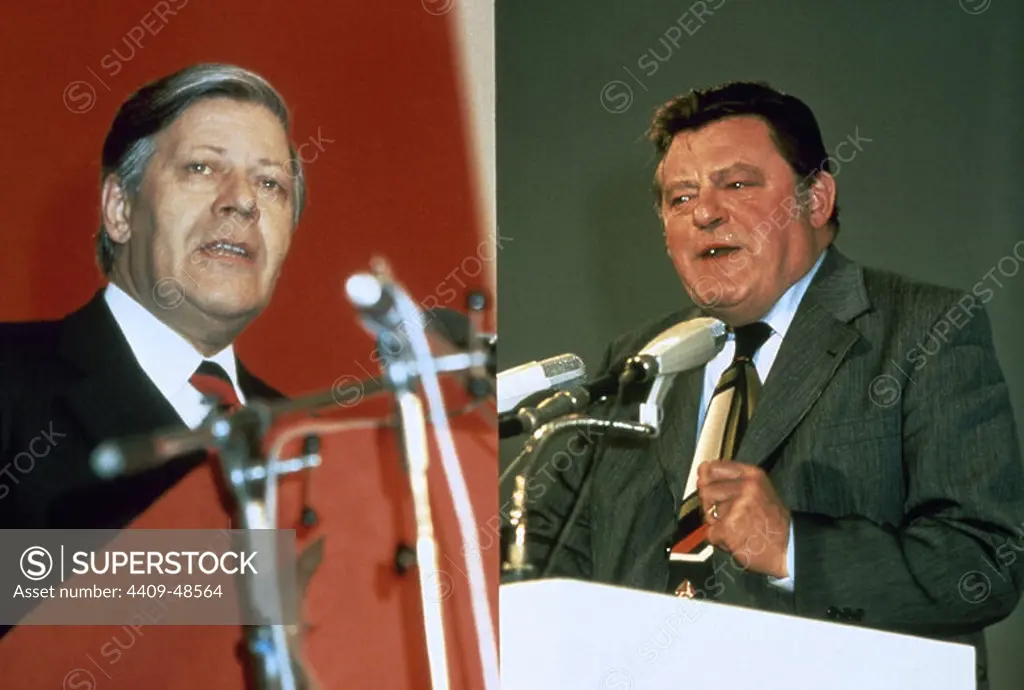 Helmut Schmidt (b.1918). German Social Democratic politician (left). Franz Josef Strauss (1915-1988). German politician. Christian Social Union leader (right). Candidates to 9th German federal election. 1980.