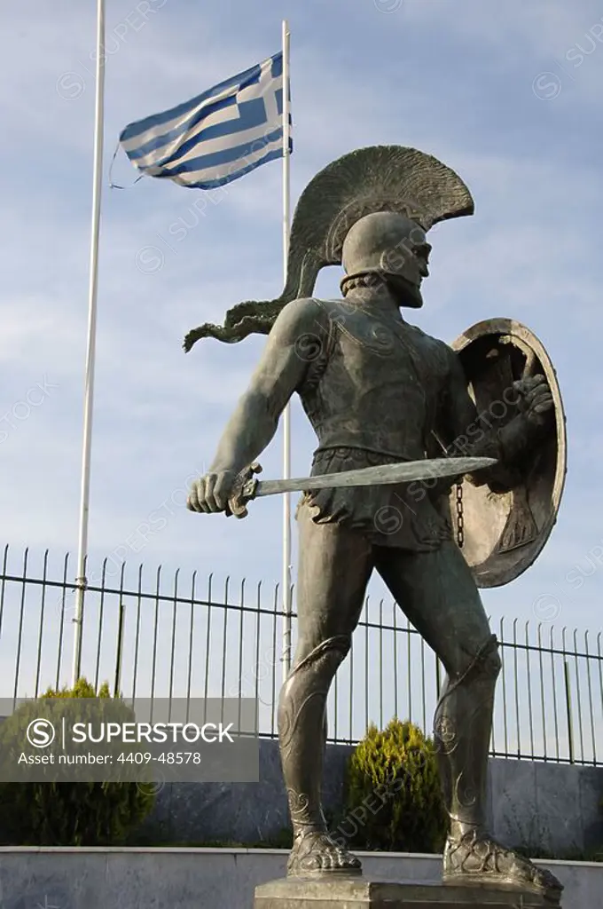 Leonidas I (died 480 BC). Also known as Leonidas the Brave was a Greek hero-king of Sparta, the 17th of the Agiad line King of Sparta. Leonidas I is notable for his leadership at the Battle of Thermopylae. Monument de Leonidas erected in 1968. Sparta. Greece.