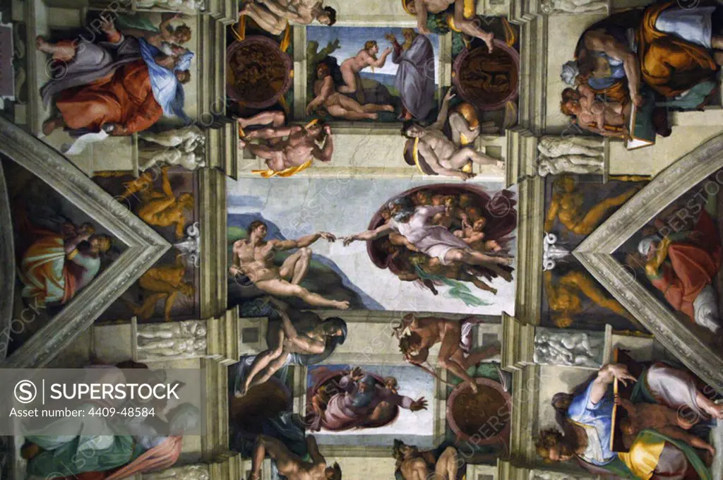 Michelangelo (Michelangelo Buonarroti) (1475-1564). Italian artist. Ceiling of Sistine Chapel. Detail with The Creation of Adam. Fresco. C.1512. Vatican Museums. Vatican City.