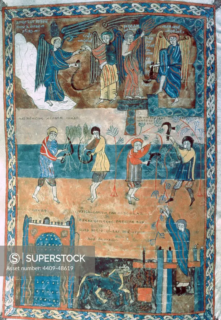 Blessed of Valcavado. 10th century. Illuminated codex of the comments made by Blessed of __Liebana in the 8th century to the Apocalypse of St. John. Miniature depicting the harvesting and grape harvest. Library of Saint Cross College. Valladolid. Spain.