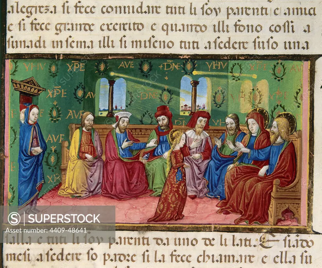 Mary is presented to father's friends. Codex of Predis (1476). Royal Library. Turin. Italy.