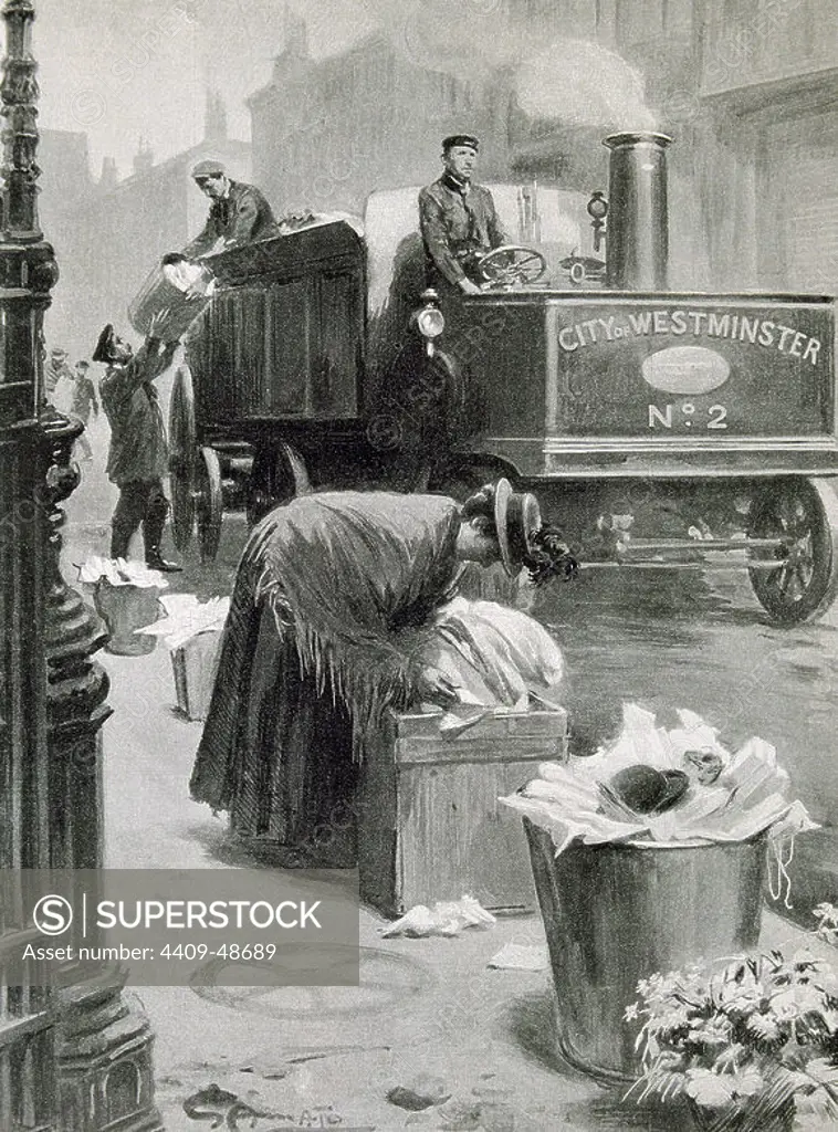 United Kingdom. London. Picking up trash dumpsters in the streets . Engraving de l'Illustration, 1901.