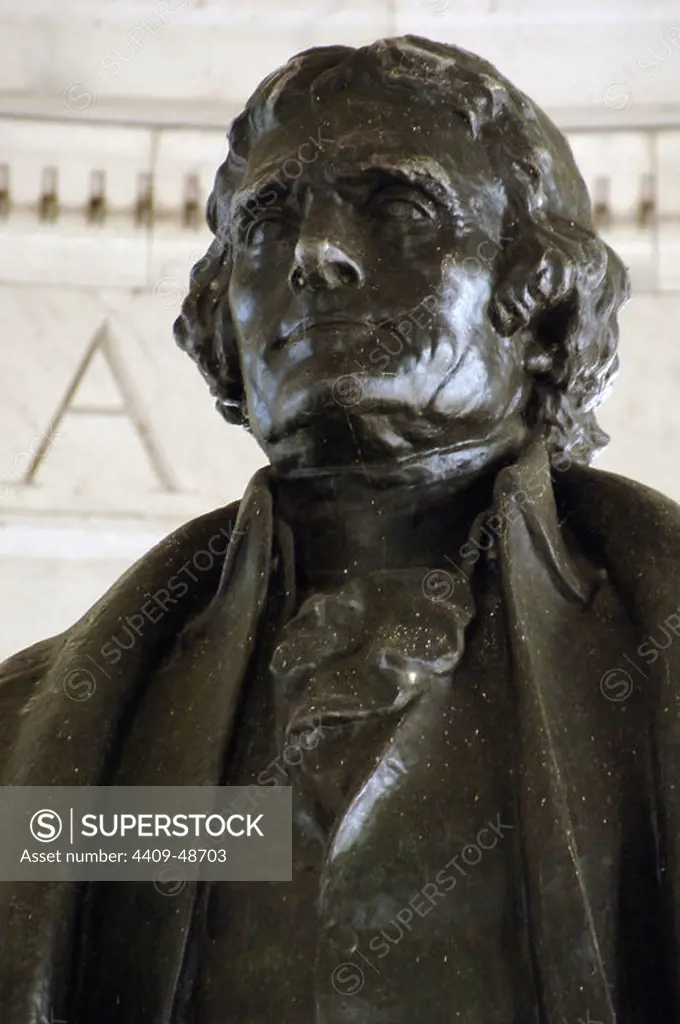 Thomas Jefferson (1743-1826). 3rd President and one of the Founding Fathers of the United States. Principal author of the Declaration of Independence. Jefferson's statue in the Thomas Jefferson Memorial (1939). Detail. Washington D.C. United States.