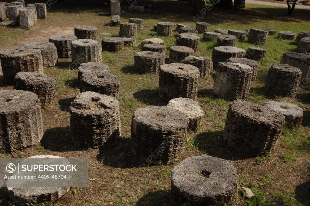 Olympia, Greece, Peloponnese. Column shafts. Remains.