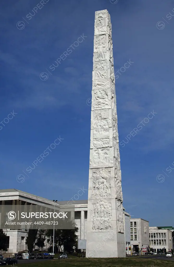 Italy. Rome. Obelisk to Guglielmo Marconi (1874-1937), built in 1959 for the Olympics in 1960. By Arturo Dazzi (1881-1966). District EUR.