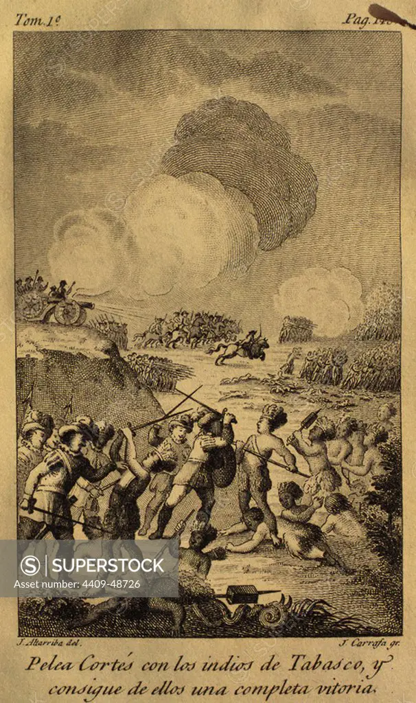 Battle between the troops of Cortes and the Indians of Tabasco, 1519. Volume I. Drawing by J. Altarriba and engraved by J. Carrafa, 1825.