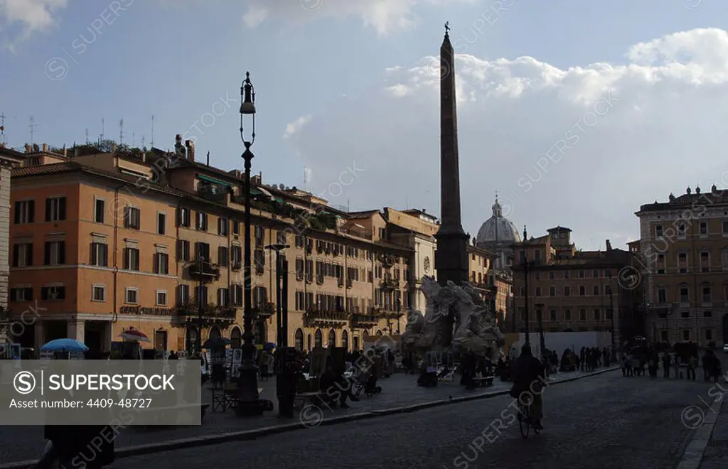 Italy. Rome. Navona Square with the Fountain of the Four Rivers, 17th century, and Obelisk of Domitian.
