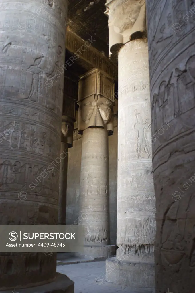 Egypt. Dendera. Hathor Temple. Hypostyle hall with Hathoric columns.