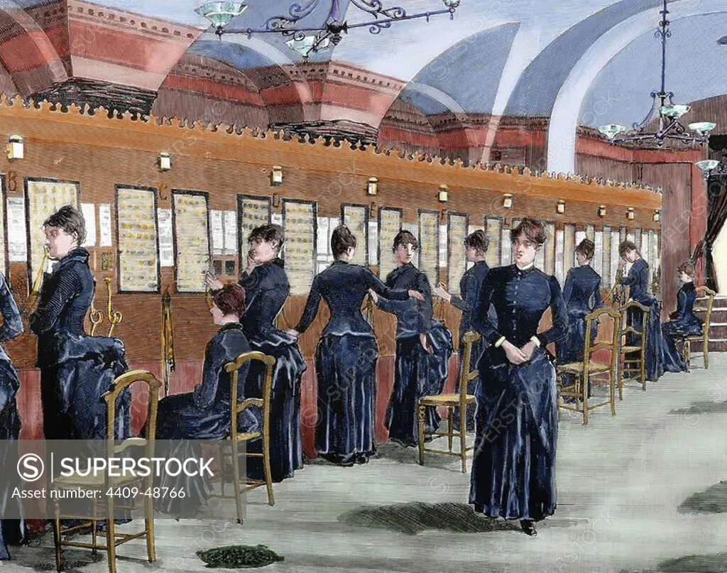 Telephone service in Madrid. Central office. Colored engraving, 1886.