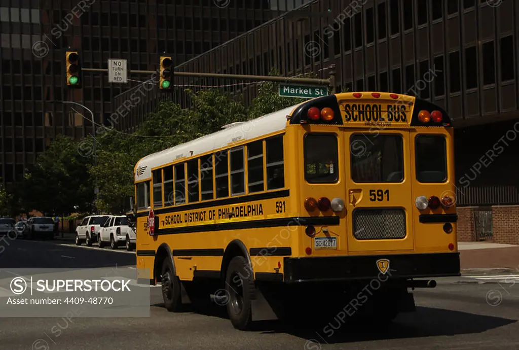 United States. Pennsylvania. Philadelphia. School Bus by Market street.