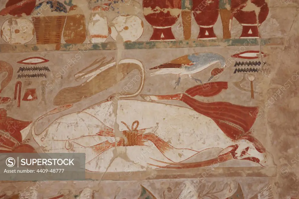 Relief depicting food placed in the table of offerings to the god Amun. Temple of Hatshepsut. Deir el-Bahari. Egypt.