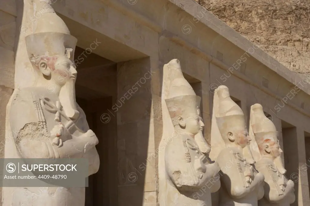 Hatshepsut (1508-1458 b.C). Was the second pharaoh of the eighteenth dynasty. Osirian statues.New Kingdom. Temple of Deir El Bahari. Thebes. Egypt.