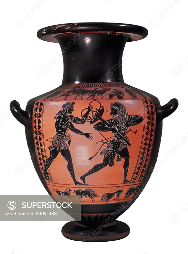 Vase of the "paintor of Madrid". The Labours of Hercules: fight against Apollo for the tripod of Delphi. 520 B.C.. Madrid, National Museum of Archeology. Location: MUSEO ARQUEOLOGICO NACIONAL-COLECCION. MADRID. SPAIN.