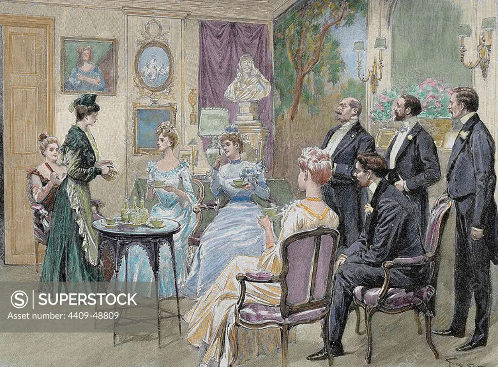 Meeting of aristocratic families in the living room. Colored engraving by George Scott, 1892.