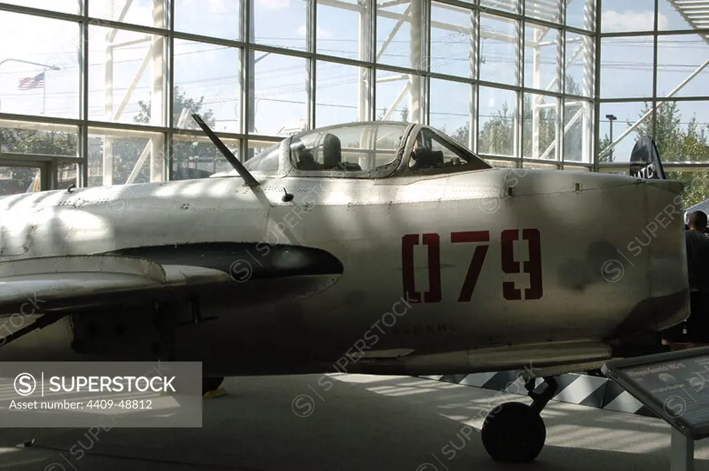 "MIKOYAN-GUREVICH MiG-15" (1950). Desarrollado por la Unión Soviética tras la Segunda Guerra Mundial. Entró en servicio en 1949, empleado en Corea del norte, Unión Soviética y China. Museo del Vuelo. Seattle. Estado de Washington. Estados Unidos.