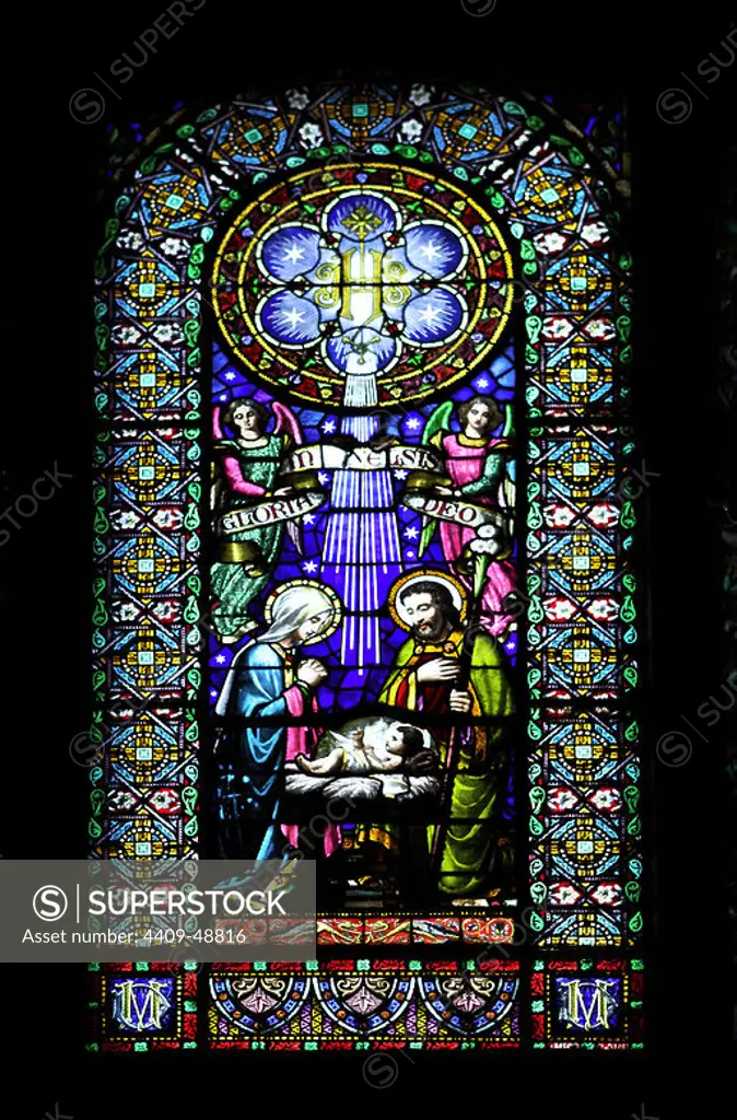 Stained glass window depicting The Nativity. Montserrat Abbey. Catalonia. Spain.