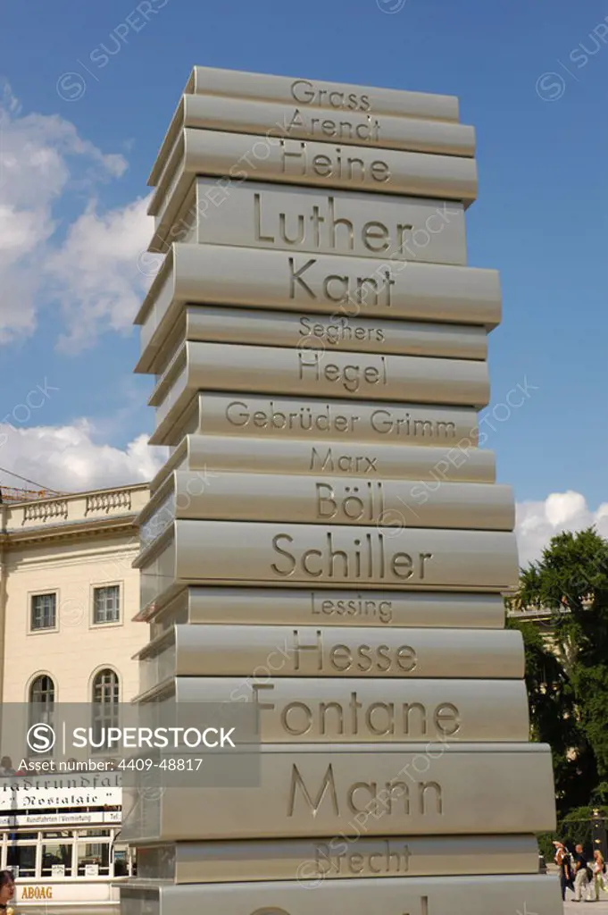 Germany. Berlin. Modern Book Printing. Sculpture. It is part of the Walk of Ideas series of six sculptures created to commemorate the celebration of the World Cup 2006 in Germany.