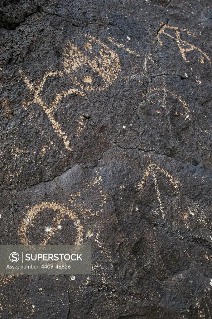 Prehistoric Art. USA. Petroglyph National Monument. Petroglyphs made __by American Indian people and some of them, by settlers. Boca Negra Canyon. Near Albuquerque. New Mexico.