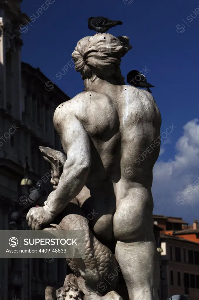 Italy. Rome. The Moor Fountain. Navona Square. Detail of a human figure of a moor or african, by Gian Lorenzo Bernini, 1653. Copy of the original.