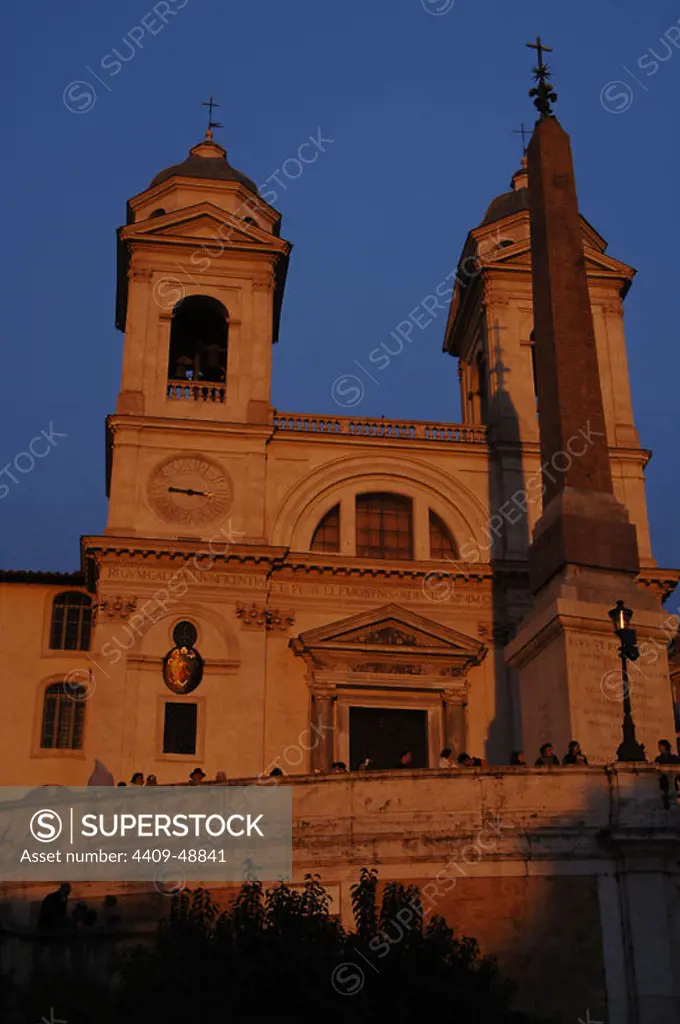 Italy. Rome. Church of the Trinita dei Monti and the Sallust Obelisk of the Roman imperial period, at sunset.