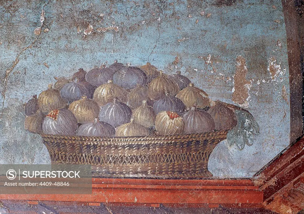 Roman art. Italy. Fresco. Basket of figs. 1st century AD. Oplontis. Campania. Italy.