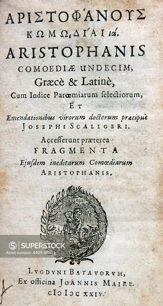 Aristophanes (c. 446 BC Ð c. 386 BC). Comic playwright of ancient Athens. Cover of his comedies. Edition in Leiden (Lugdunum Batavorum), 1624. Library of Catalonia. Barcelona. Spain.