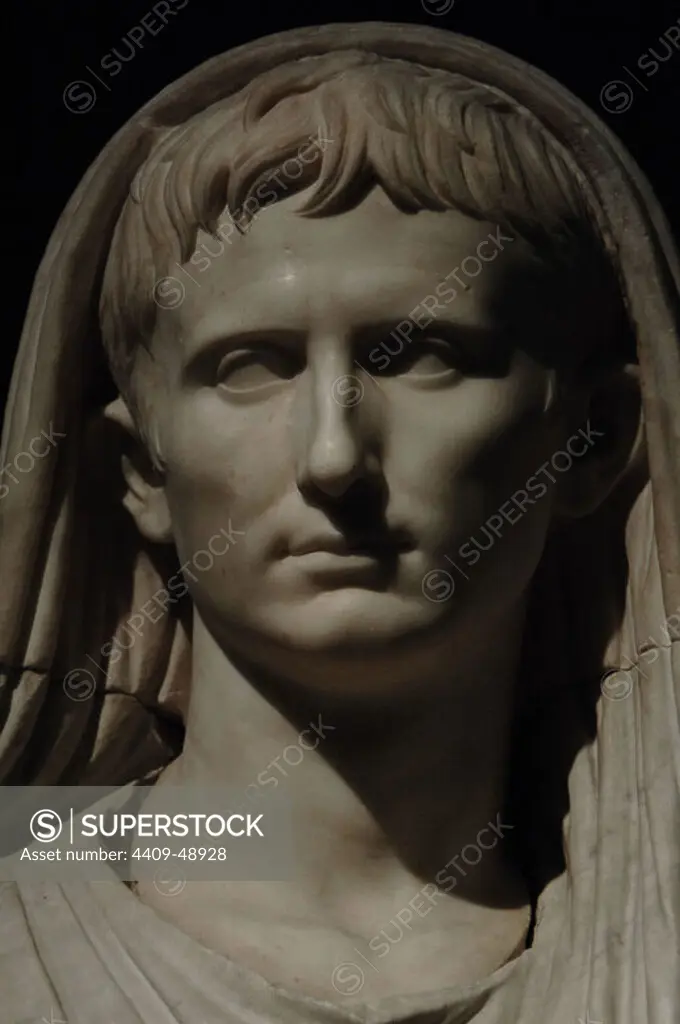 Augustus (61 BC.-14 AD) as Pontifex Maximus. First emperor of the Roman Empire. Greek and italic marble statue. Found in the Via Labicana. Late 1st century B.C. Palazzo Massimo. National Roman Museum. Rome. Italy.