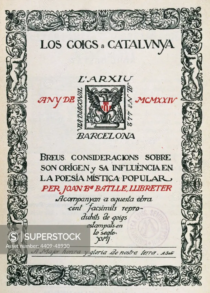 LITERATURA CATALANA. SIGLO XX. BAPTISTA BATLLE I MARTINEZ, Joan (n. Barcelona, 1876). Bibliógrafo y escritor. "LO GOIG A CATALUNYA". Portada de la edición impresa en Barcelona en el año 1924.