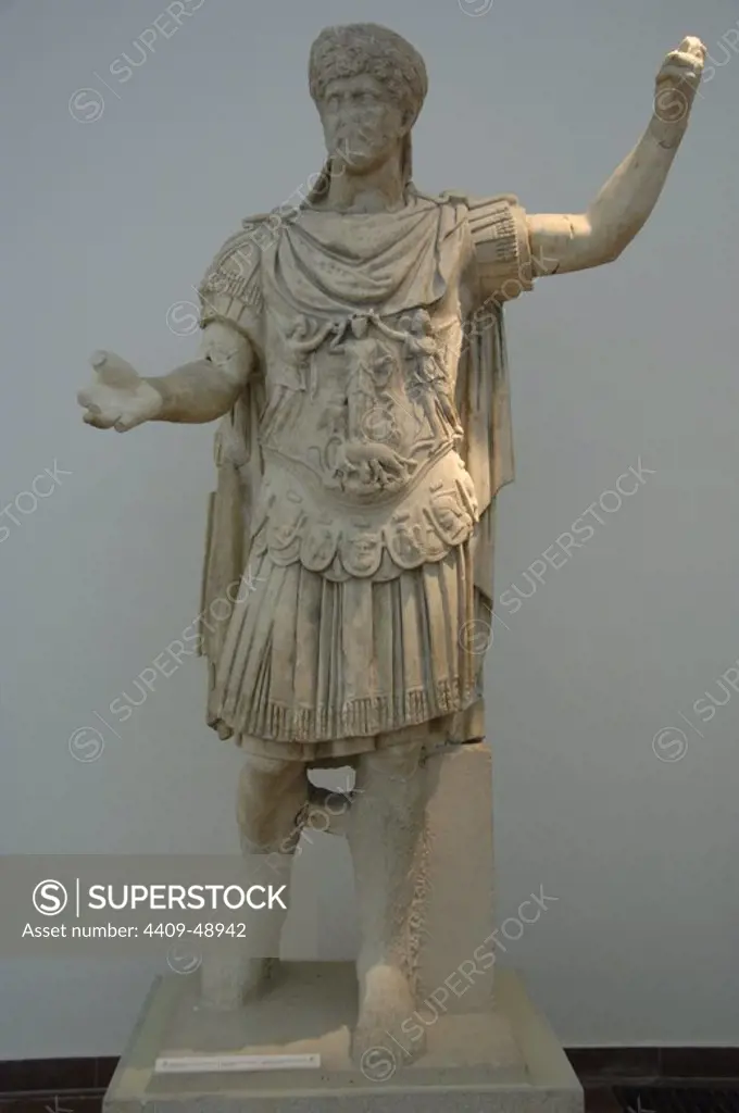 Publio Aelio Hadrian (76-138). Roman Emperor (117-138). Statue. Marble. Archaeological Museum of Olympia. Greece.