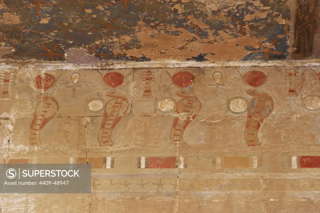 Relief depicting cobras. Temple of Hatshepsut. Deir el-Bahari. 18th Dynasty. New Kingdom. Egypt.