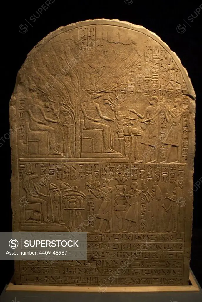 Egyptian Art. Stele. Offerings to the god Sobek (Crocodile God). From the Temple of Sobek in Dahamshe. 18th Dynasty. New Kingdom. Luxor Museum. Egypt.