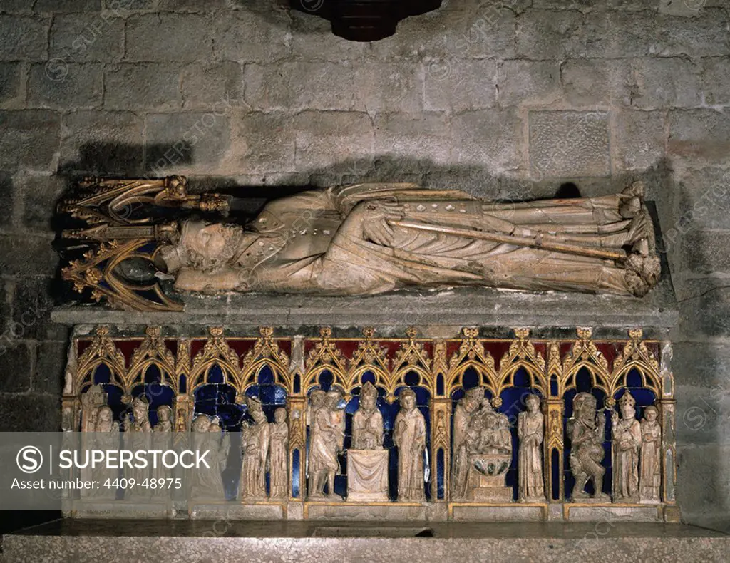 Tomb of Saint Narcissus of Girona. He was Bishop of Girunda (Girona) in the 4th century. Tomb of St. Narcissus by Joan de Tournai (14th century). Alabaster and limestone. Gothic style. Church of Sant Feliu. Girona. Catalonia, Spain.