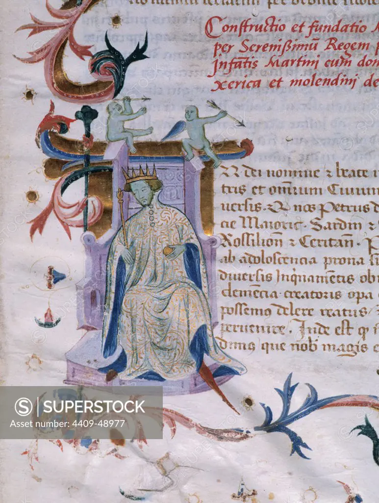 Peter IV of Aragon, the Ceremonious (1319-1387). King of Aragon, Valencia, Majorca and Count of Barcelona. Portrait. Drop cap at 'Book of Privileges of the Cartuja de Vall de Christ'. Codex. C. 1385. Spain.