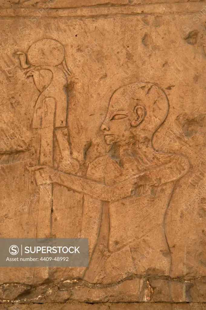 EGYPTIAN ART. Relief depicting a priest carrying the image of the god Ra (solar disc). Temple of Hatshepsut, Queen of the Eighteenth Dynasty. New Kingdom. Deir El Bahari. Luxor. Ancient Thebes (Waset).
