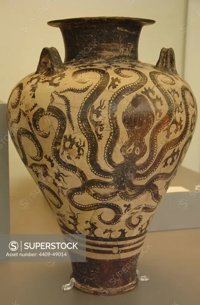 Mycenaean art. Crete. Vase with zoomorphic decoration based on three large octopus. Found in the tomb 2 at Mycenaean cemetery of Prosymna Argive. Dated in the 15th century BCE. National Archaeological Museum. Athens. Greece.