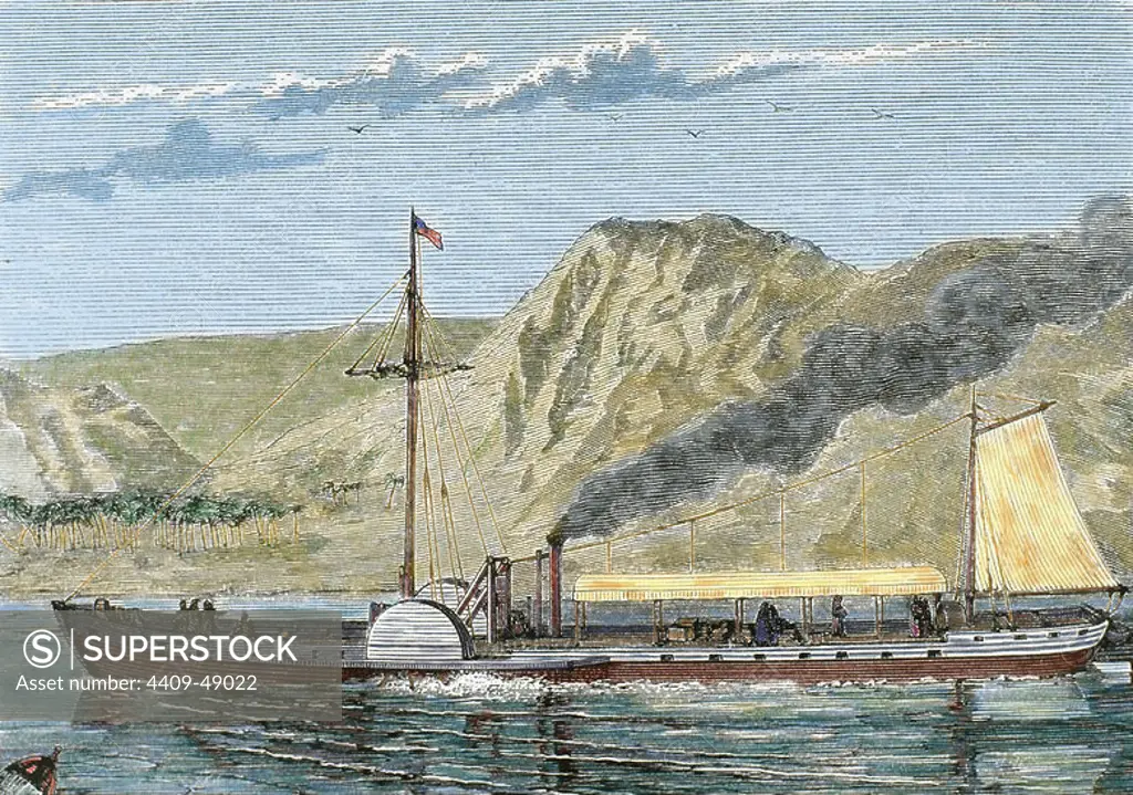 Robert Fulton's steamboat. Constructed by the North American engineer Robert FULTON (1765-1815). Colored engraving of the 19th century.