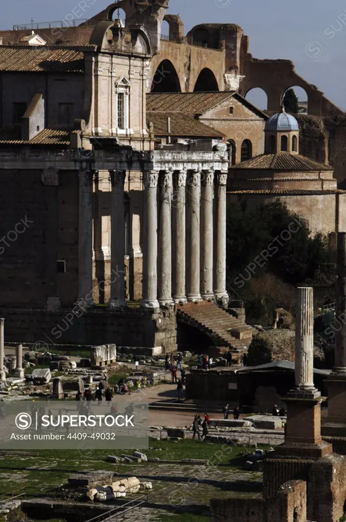 Italy. Rome. Roman Forum. Temple of Antoninus and Faustina, today Church of San Lorenzo in Miranda.
