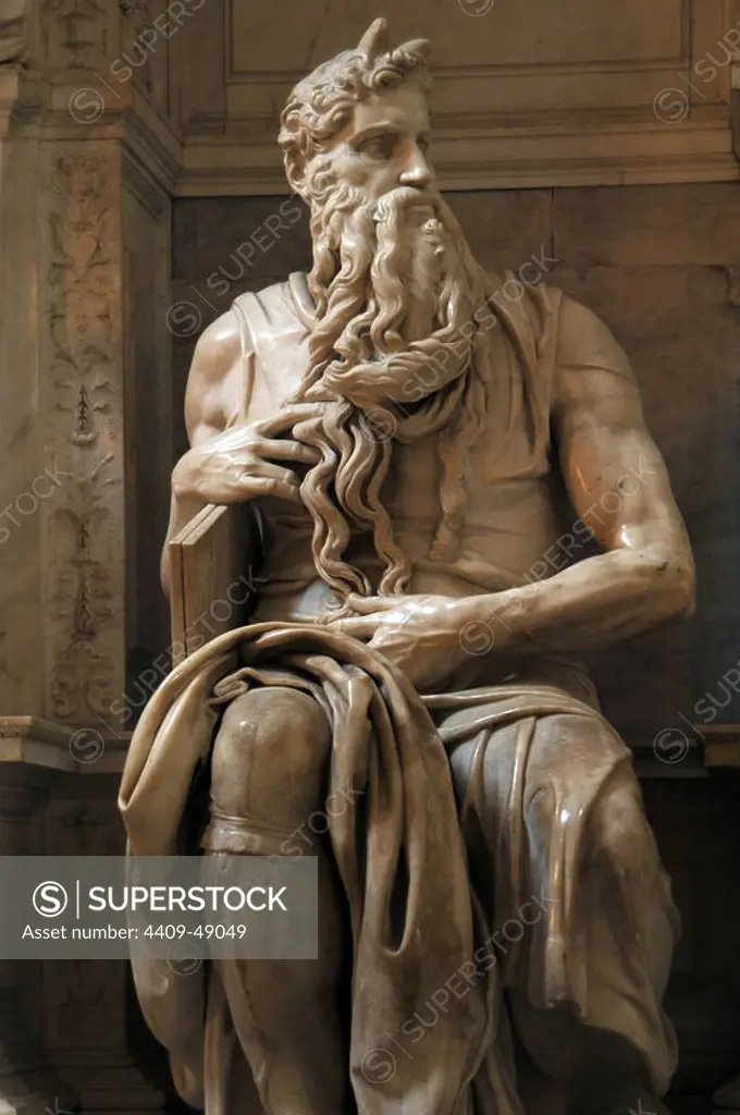 Moses. 1513-1515. Statue by Michelangelo (Michelangelo Buonarroti) (1475-1564). Marble. San Pietro in Vincoli Church. Rome. Italy.