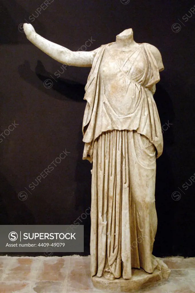 GREEK ART. REPUBLIC OF ALBANIA. Statue of Artemis, goddess of hunting. Found during the excavation of Phoenician in the year 2003-04. III-I century B.C. Ruins of Butrint Museum.