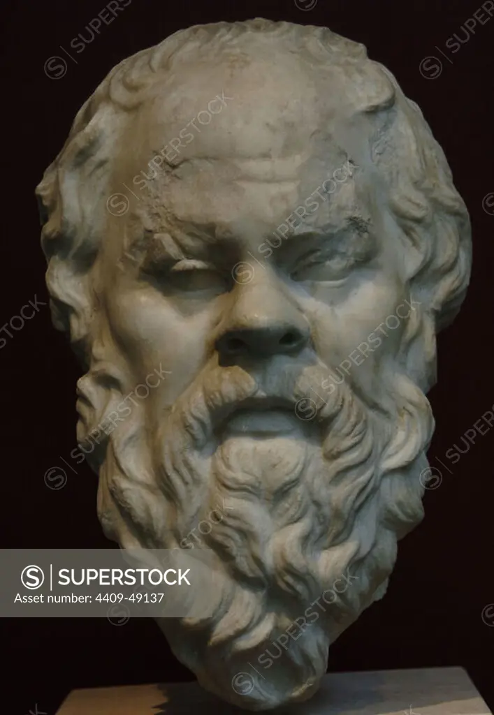 Socrates (c.469-399 BC). Classical Greek Athenian philosopher.  Bust. Found at Piazza Venezia. 1st. century. Pentelic marble. Palazzo Massimo. National Roman Museum. Rome. Italy.
