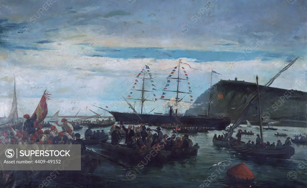 History of Cuba. Ten Years War or Great War (1868-1878). The Embarkation of the Catalan Volunteers for the Cuban War in the Port of Barcelona, 1870. Painting by Ramon Padro Pijoan (1809-1876). Maritime Museum. Barcelona. Spain.