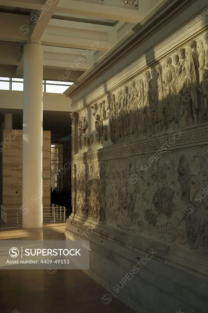 Roman Art. Italy. Ara Pacis Augustae. Processional frieze and scrolling acanthus frieze. Relief. Original South side. Dated 13th century BC. Museum of the Ara Pacis. Rome. Italy.