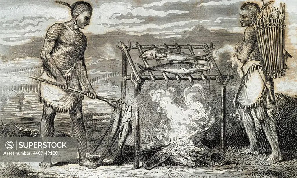 Native of North America. Ponca Indians roasting fish. French engraving, 1844.
