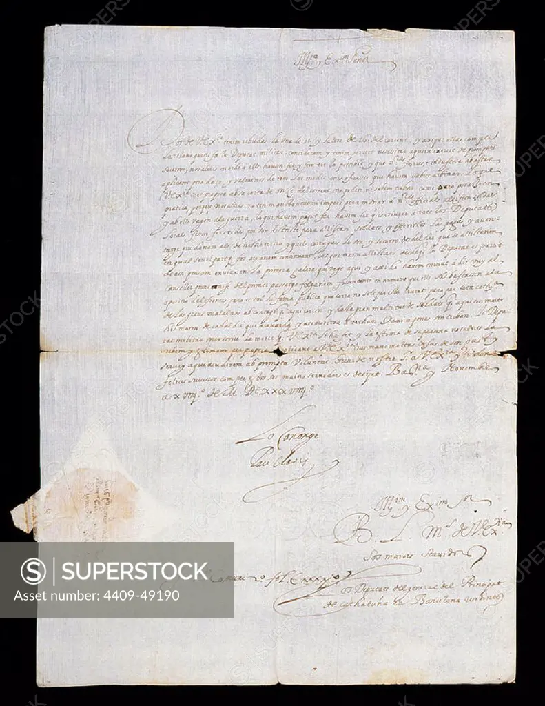 Pau Claris Casademunt (1586-1641). Catalan politician and clergyman. President of the Generalitat of Catalonia. Claris letter to the Viceroy of Catalonia, Dalmau de Queralt. Barcelona, __1639.