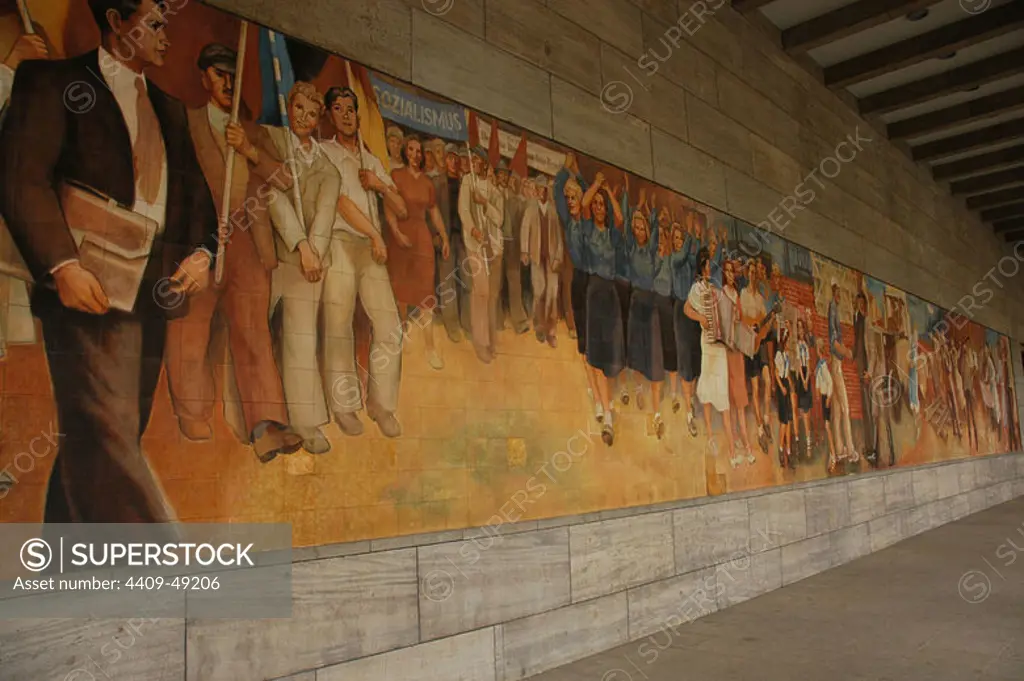 Germany. Berlin. Facade of the Ministry of Aviation, the only Nazi Ministry still standing. Detail of the frescoes with themes of exaltation of communism.